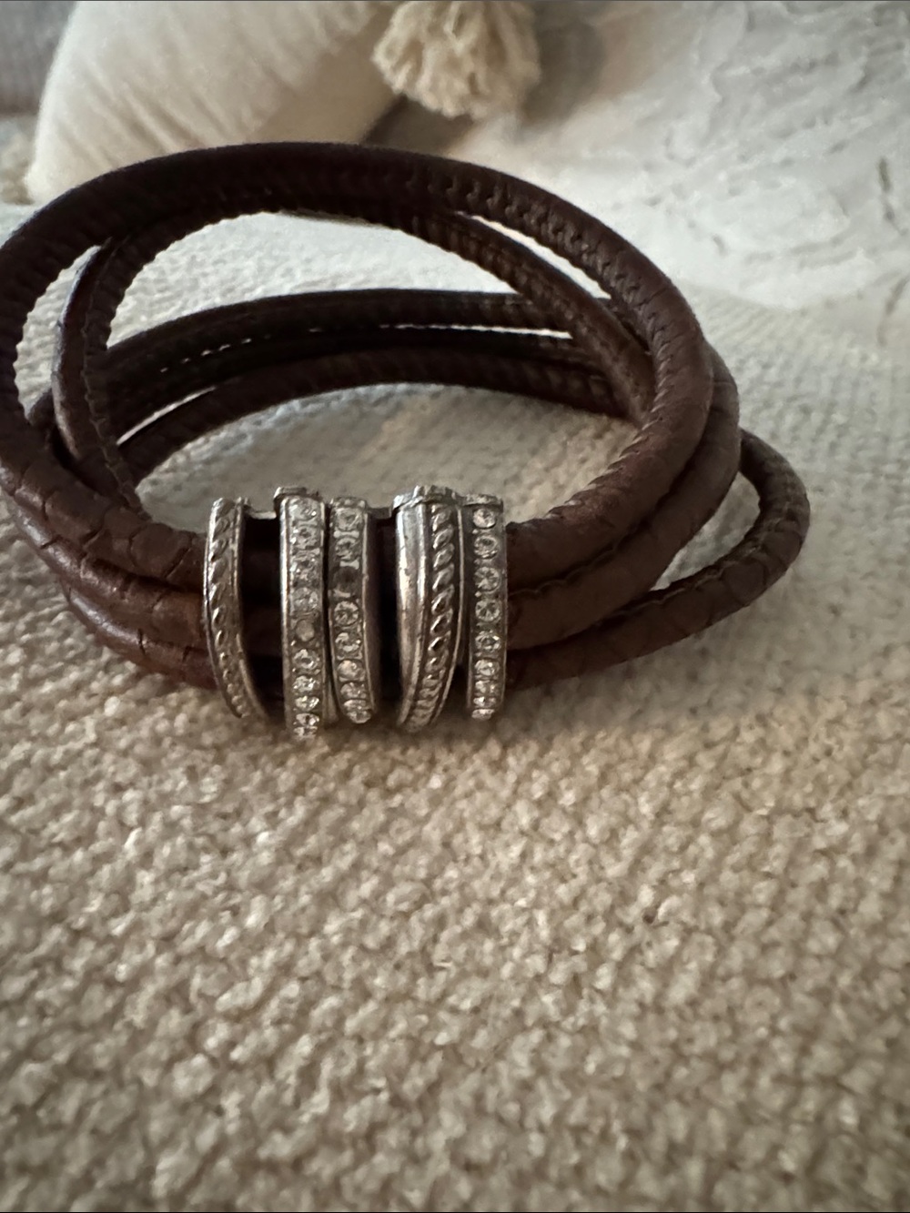 Brown Leather Wrap Bracelet with Silver Crystal Accents